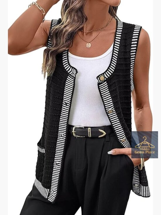 Sweaters - Sleeveless Button Down Cardigan with Pockets, V-Neck, Knit Sweater Vest